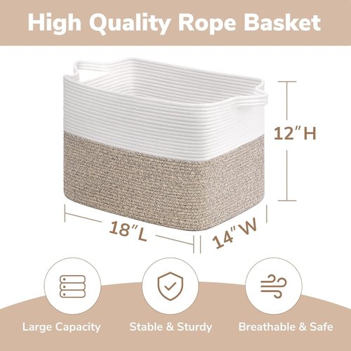 Goodpick Woven Storage Baskets - 18" x 14" x 12" Rectangle Toy Organizer for Living Room & Kids | White & Brown