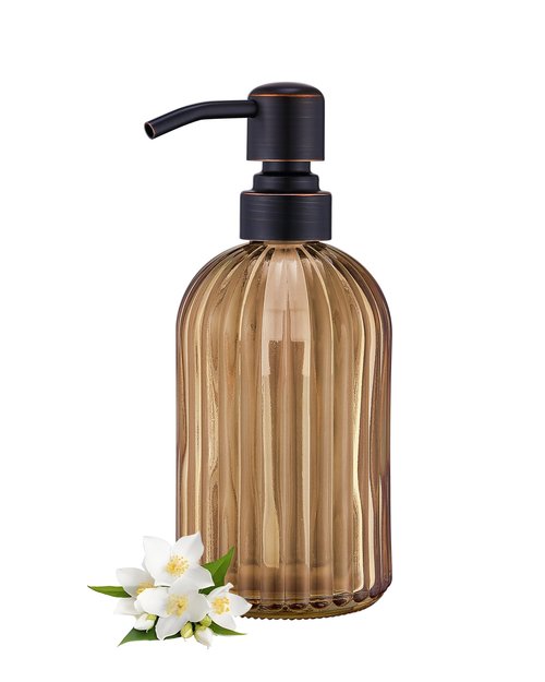 16 OZ Amber Glass Soap Dispenser, Amber Stripe Bathroom Hand Soap Dispensers with Stainless Steel Bronze Pump,Brown Glass Kitchen Hand Soap Dispenser with Oil Rubbed Bronze Pump
