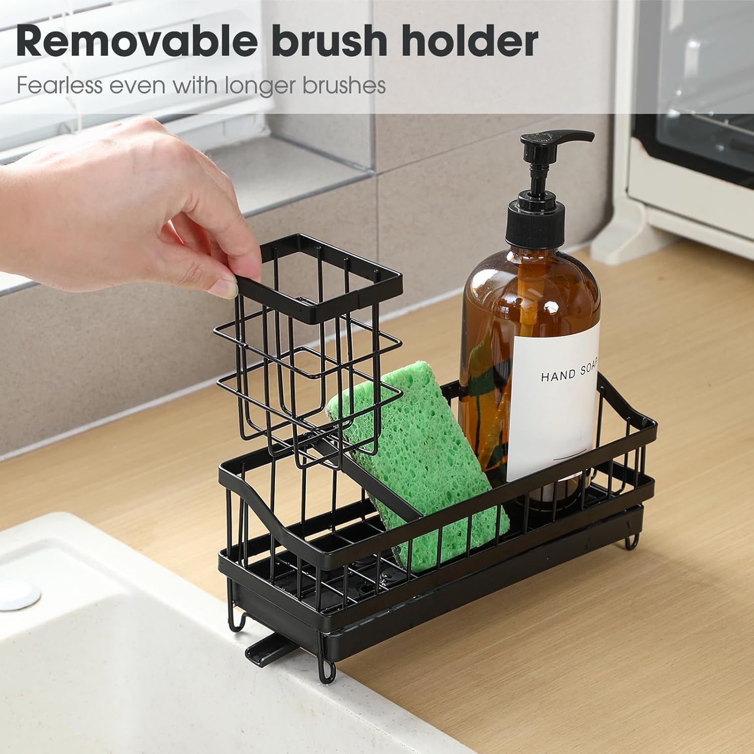 Skiennix Kitchen Sink Caddy - Rustproof High-Carbon Steel Sponge Holder with Brush & Soap Dispenser