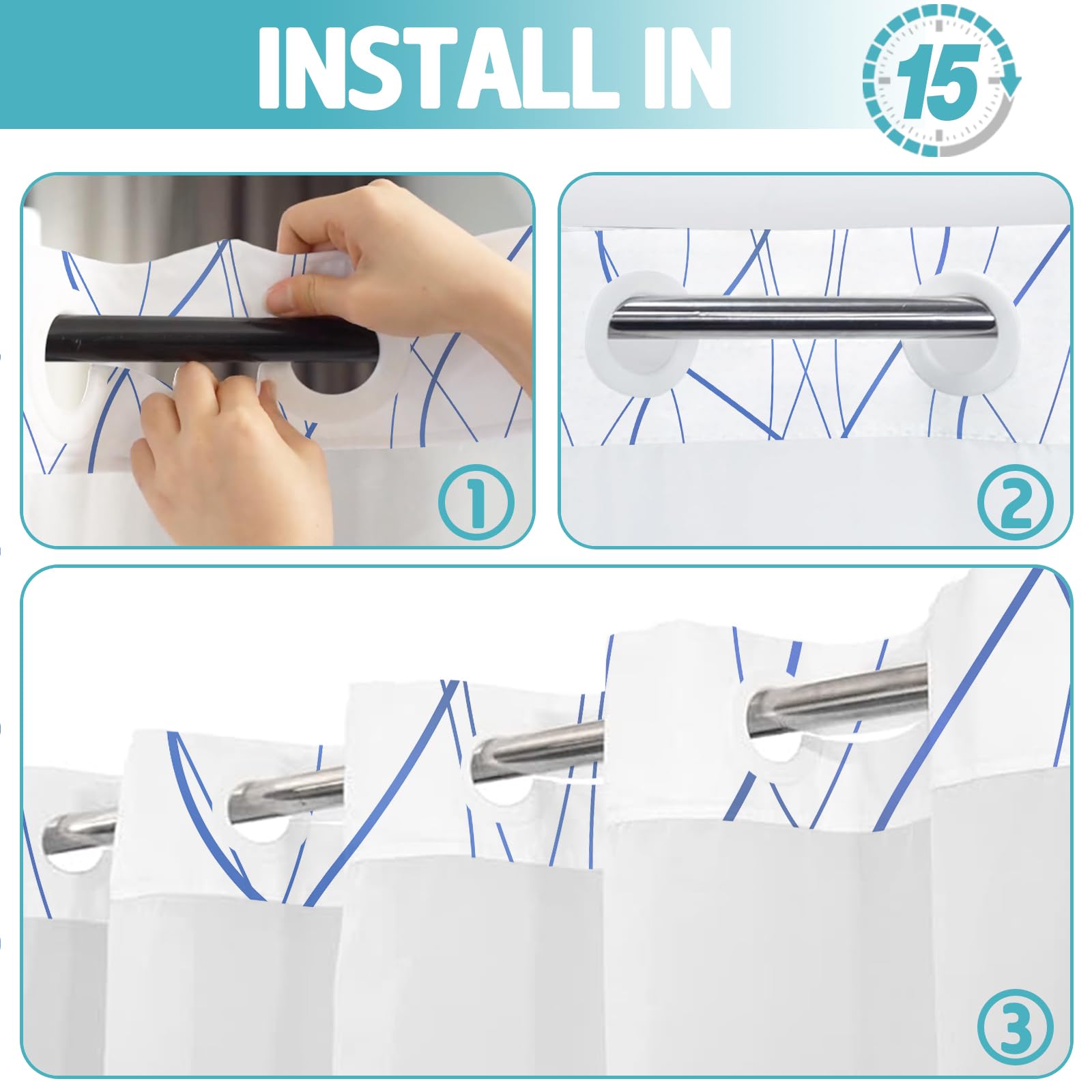 No Hook Shower Curtain with Snap in Liner Set, Black Striped Geometric Shower Curtains for Bathroom Hotel 71x74 Inch