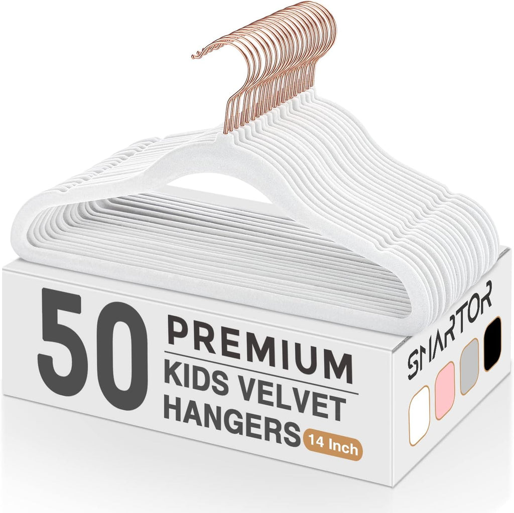 Smartor Kids Velvet Hangers - 50 Pack Premium Non-Slip Felt Hangers for Toddler Clothes | 14 Inch - White with Rose Gold Hook
