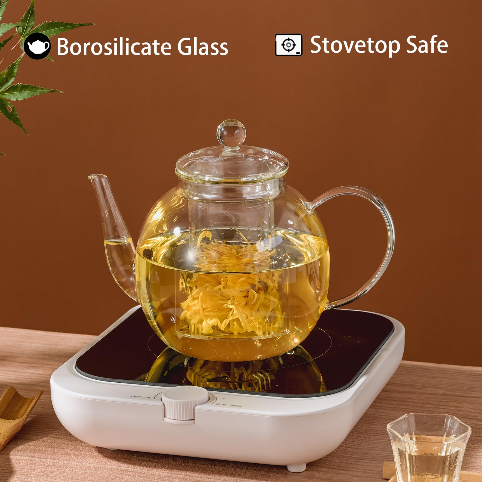 Wlasss 1530 ml/52 oz Large Glass Teapot with Removable Infuser, Clear Tea Kettle Stovetop Safe for Loose Leaf and Blooming Tea, Tea Lover's Choice,Gifts for Christmas