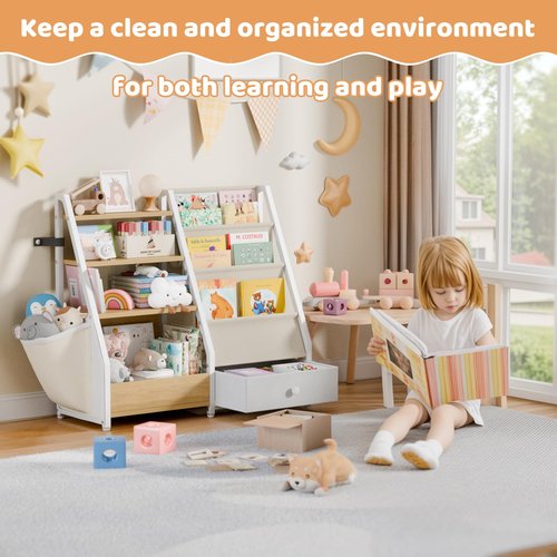 HAVLOTII Kids Bookshelf and Toy Storage - Book Shelf for Kids Rooms, Toddler Bookshelf Baby Bookcase for Nursery, Montessori Toy Organizer, Burlywood