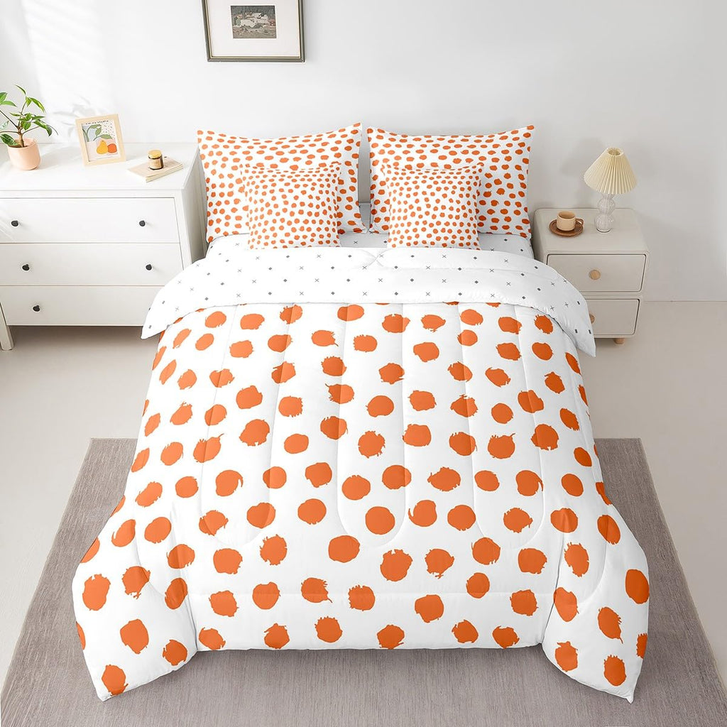 Erosebridal Brush Stroke Sheet Set Queen Size Polka Dots Bed in A Bag 7 Pcs for Kids Girls Boys Farmhouse Orange White Comforter Set Lightweight Bed Set