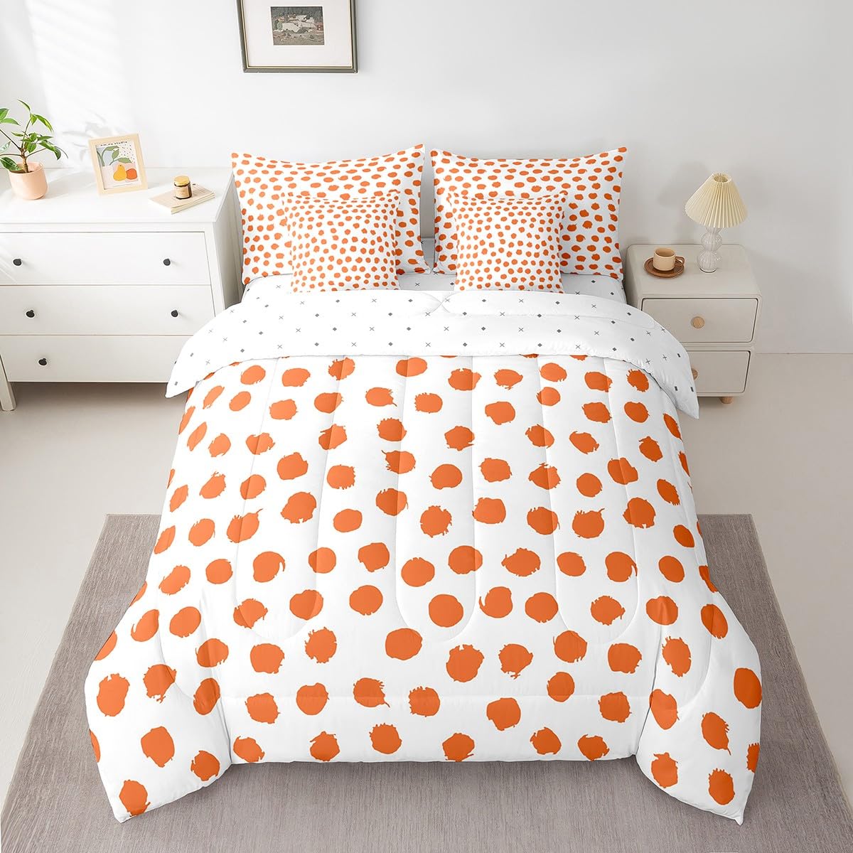 Erosebridal Brush Stroke Sheet Set Queen Size Polka Dots Bed in A Bag 7 Pcs for Kids Girls Boys Farmhouse Orange White Comforter Set Lightweight Bed Set