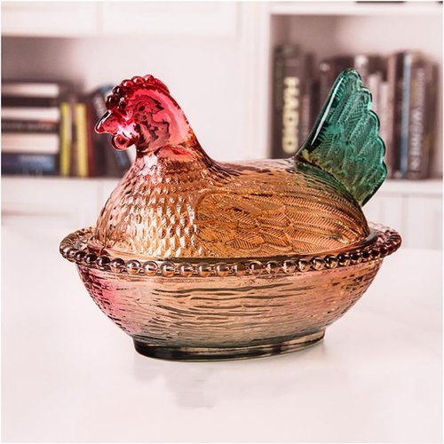 WKHOKI Glass Hen on Nest Candy Dish with Lid | Large Pedestal Unique Candy Bowl for Snacks, Desserts, Cookies | Home Kitchen Office Tabletop Decor