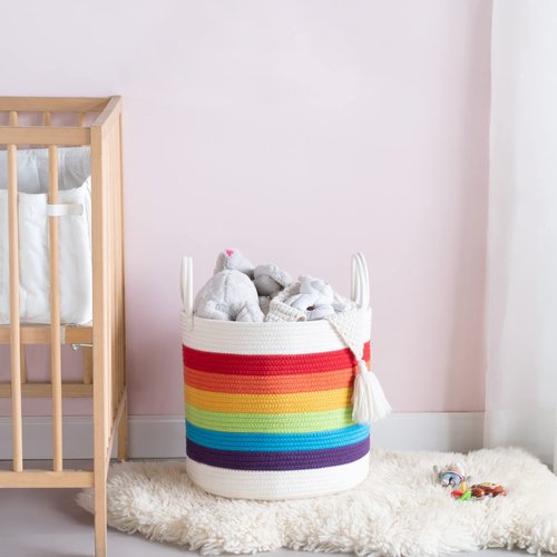 Mkono Rainbow Cotton Rope Woven Decorative Storage Basket Baby Nursery Decor Toy Storage Laundry Hamper Baskets for Bedroom Classroom Playroom Kids Room, 15"W x 13.8"H