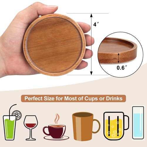 Rustic Wooden Coasters Set of 8 Farmhouse Coffee Table Decor Acacia Wood Drink Coaster with Holder Modern Outdoor Bar Cool Cup Costers Kitchen Accessories Decoration Home Dining Coasters Gift