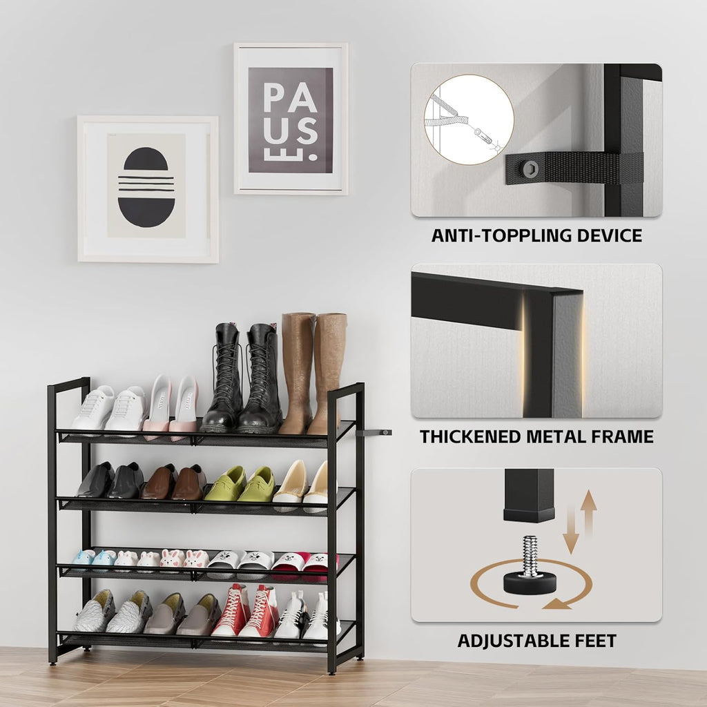 Metal Shoe Rack - 4-Tier Adjustable Organizer for Closet & Entryway | Holds Up to 20 Pairs - Black
