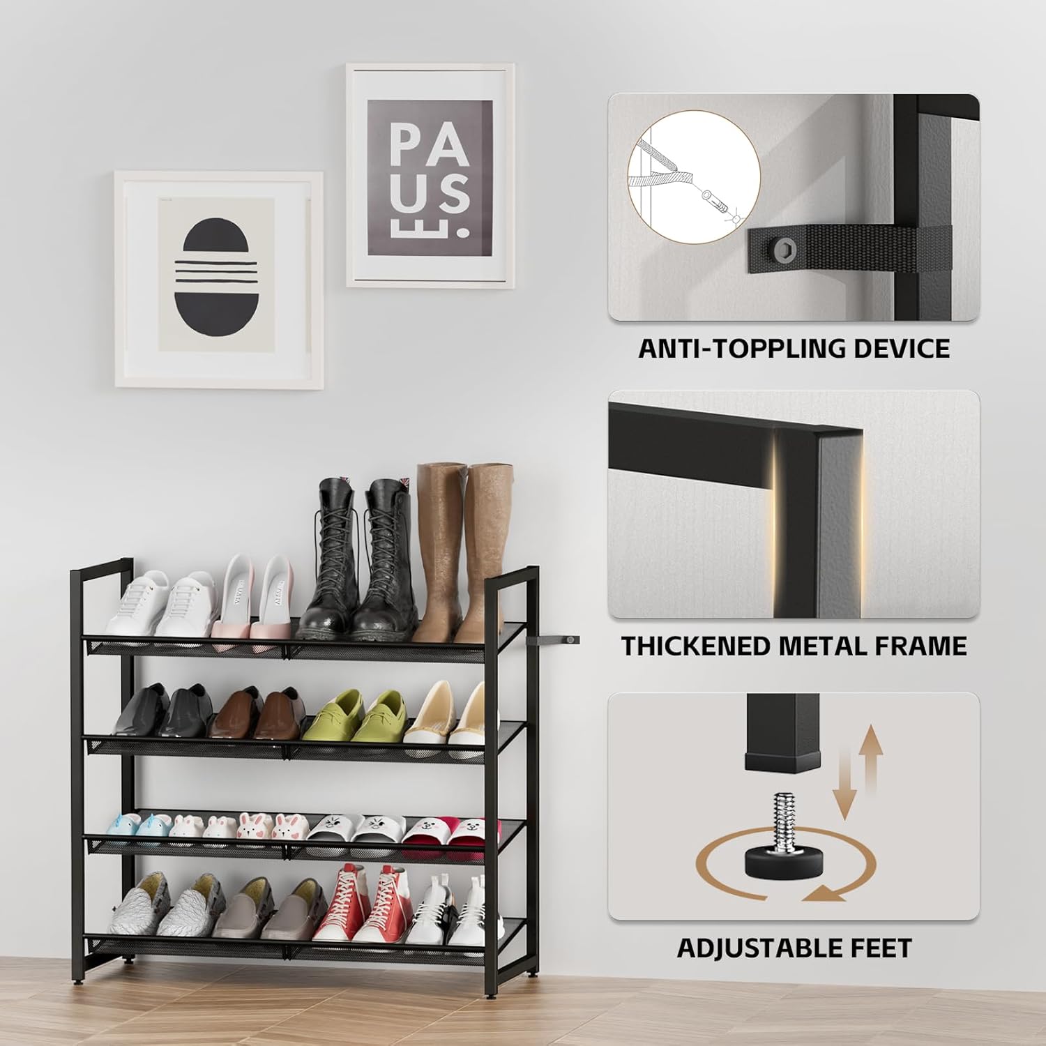 Metal Shoe Rack - 4-Tier Adjustable Organizer for Closet & Entryway | Holds Up to 20 Pairs - Black