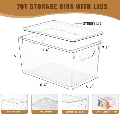 Clear Storage Bins by [Brand Name] - 6 Pack 7 Quart Stackable Containers with Lids & Handles for Home Organization