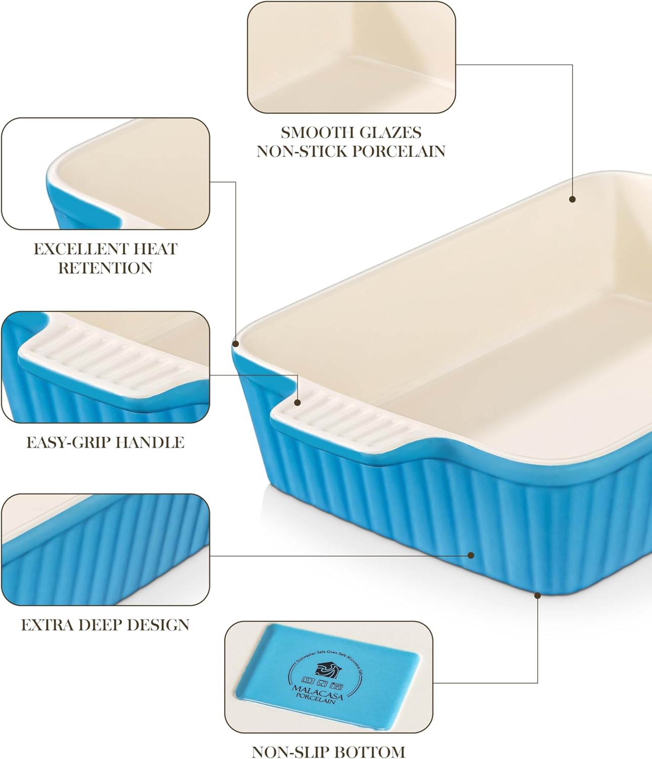 MALACASA 4.4 QT Baking Dish - Large 9x13 Ceramic Casserole Pan with Handles - Microwave Safe, Blue