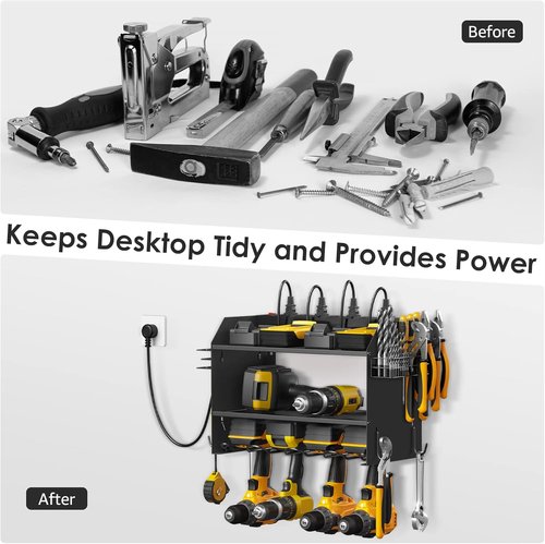 CCCEI Modular Power Tool Organizer - Wall Mount Charging Station with Heavy Duty Shelf & Hooks | Black, 1 Pack