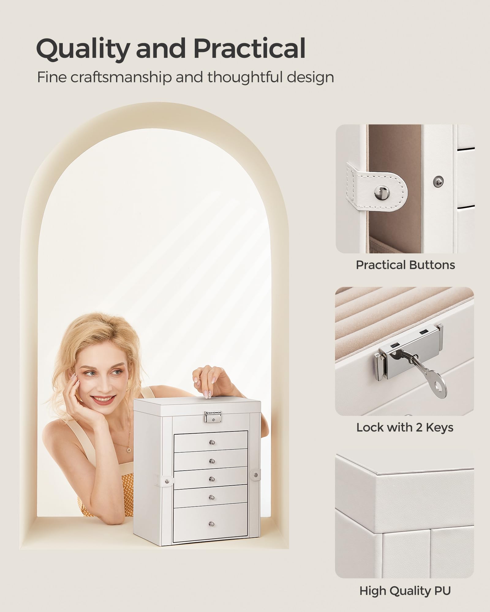 SONGMICS 6-Layer Jewelry Box Organizer with 5 Drawers, Jewelry Storage Case with Lock and Mirror, Large Storage Capacity, Gift for Loved Ones, for Necklaces, Watches, White UJBC152W01