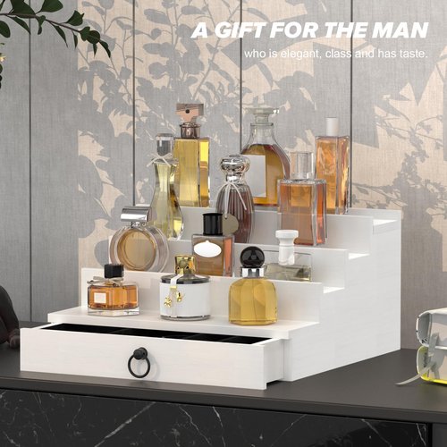 upcessory Cologne Organizer for Men, 4 Tier White Wood Perfume Organizer with Felt Lining Drawer and Hidden Compartment, Perfume Display Holder, A Gift for Men