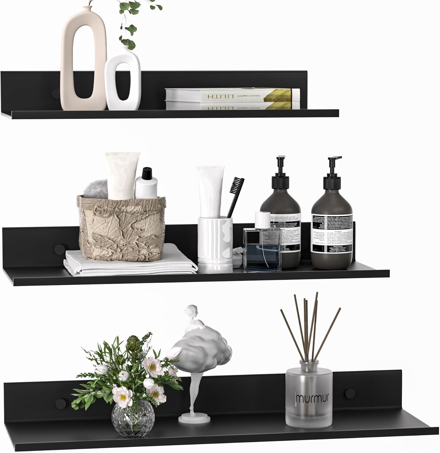Wisfame Floating Wall Shelves - Set of 3 Black Metal Shelves for Bathroom, Living Room, Office | 11.8/13.8/15.7 in