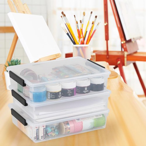 Clear Storage Bins - 4 Pack Flat Plastic Latching Bins with Lids | 6 Quart Stackable Design