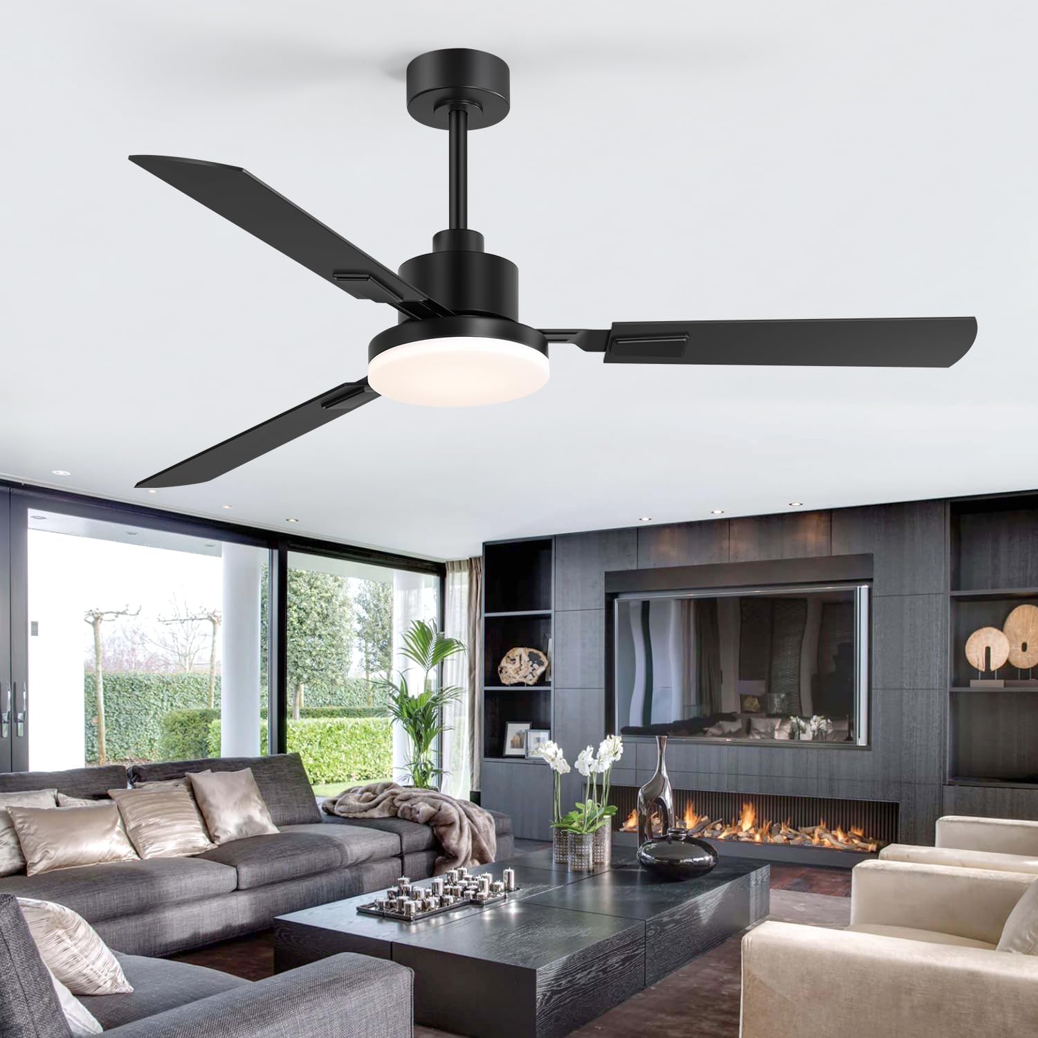 ZYD Ceiling Fans with Lights, 52 Inch Ceiling Fan with Light and Remote, Farmhouse Black Fan with Quiet Reversible DC Motor, 3 Blade LED Ceiling Fan with Light for Living Room, Bedroom, Family Room