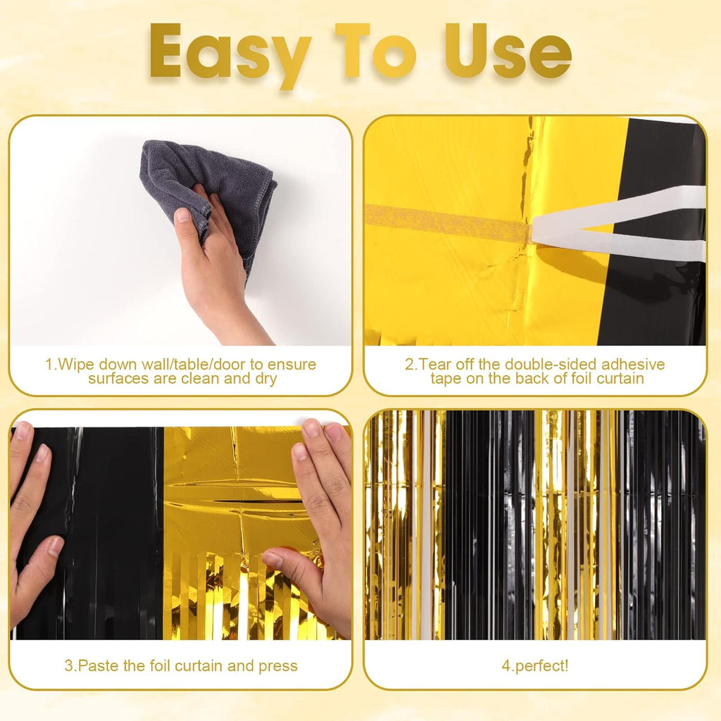 Voircoloria Black and Gold Foil Fringe Backdrop Curtains - 3 Pack Tinsel Streamers for Parties | 3.3x8.2 Feet