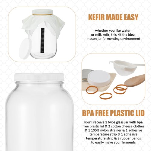 Honeydak 16 Pcs Complete Kefir Starter Kit Kombucha Fermenter Kit Gallon 128oz Mason Jar Wide Mouth with Plastic Storage Lid Nylon Mesh Strainer Cotton Cloth Cover and Wood Spoon