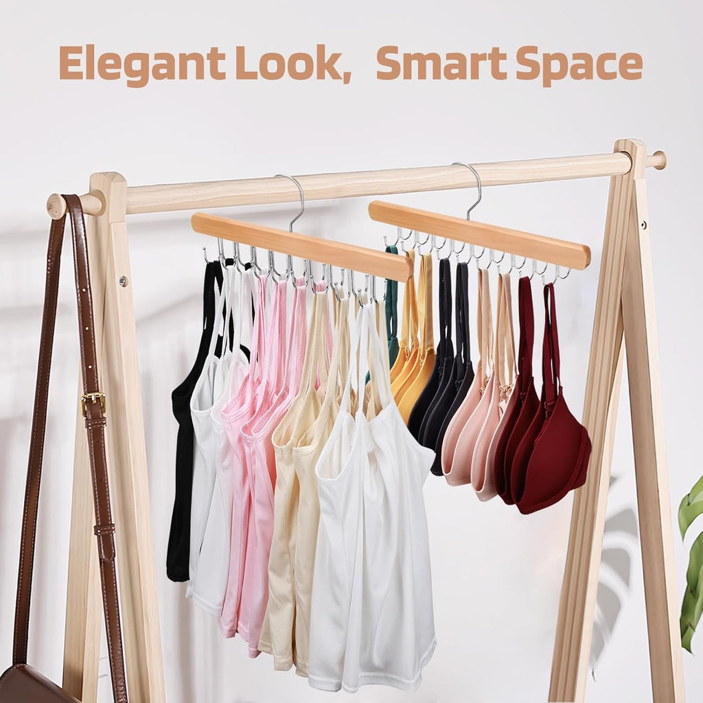 NECAMOCU Bra Hanger - Premium Wooden Closet Organizer with 36 Foldable Hooks | Space-Saving Design