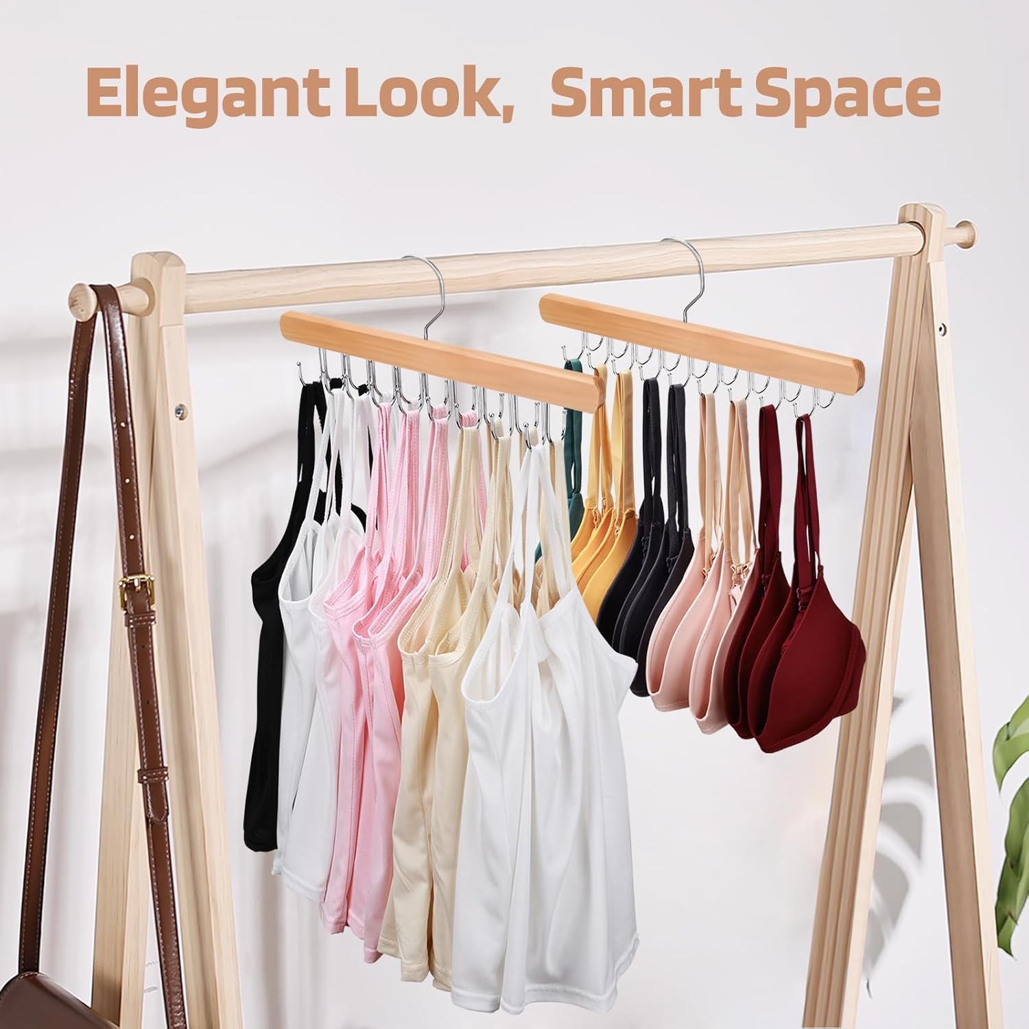 NECAMOCU Bra Hanger - Premium Wooden Closet Organizer with 36 Foldable Hooks | Space-Saving Design