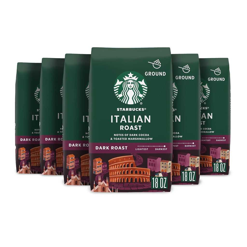 Starbucks Ground Coffee - Dark Roast for Hot or Iced Beverages | Six 18 oz Bags of Italian Roast