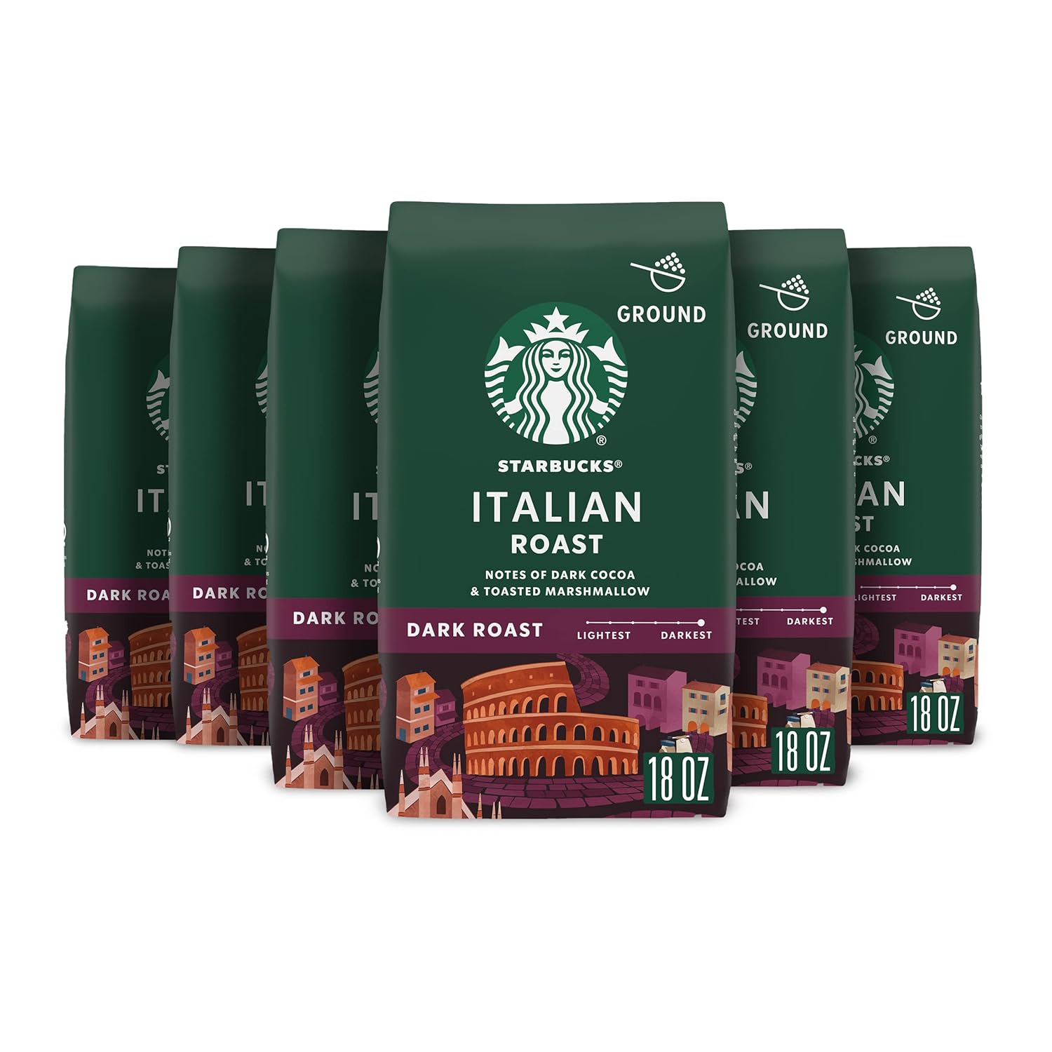 Starbucks Ground Coffee - Dark Roast for Hot or Iced Beverages | Six 18 oz Bags of Italian Roast