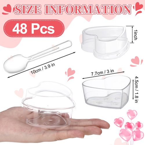 Potchen 48 Pack Heart Shaped Dessert Cups with Lids and Spoons 4 oz Mini Plastic Dessert Container Appetizer Parfait Cups Clear Shooter Container for Valentine Wedding Serving Party
