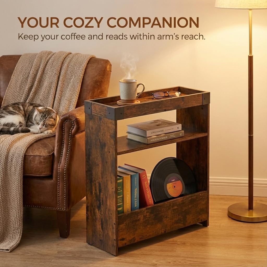 ZEXVIDA Farmhouse Narrow Side Table with Tray Top & Magazine Rack, Sofa Couch Side Table with Storage Shelf, Slim End Table for Small Spaces, Modern Nightstand for Bedroom, Living Room (Rustic Brown)