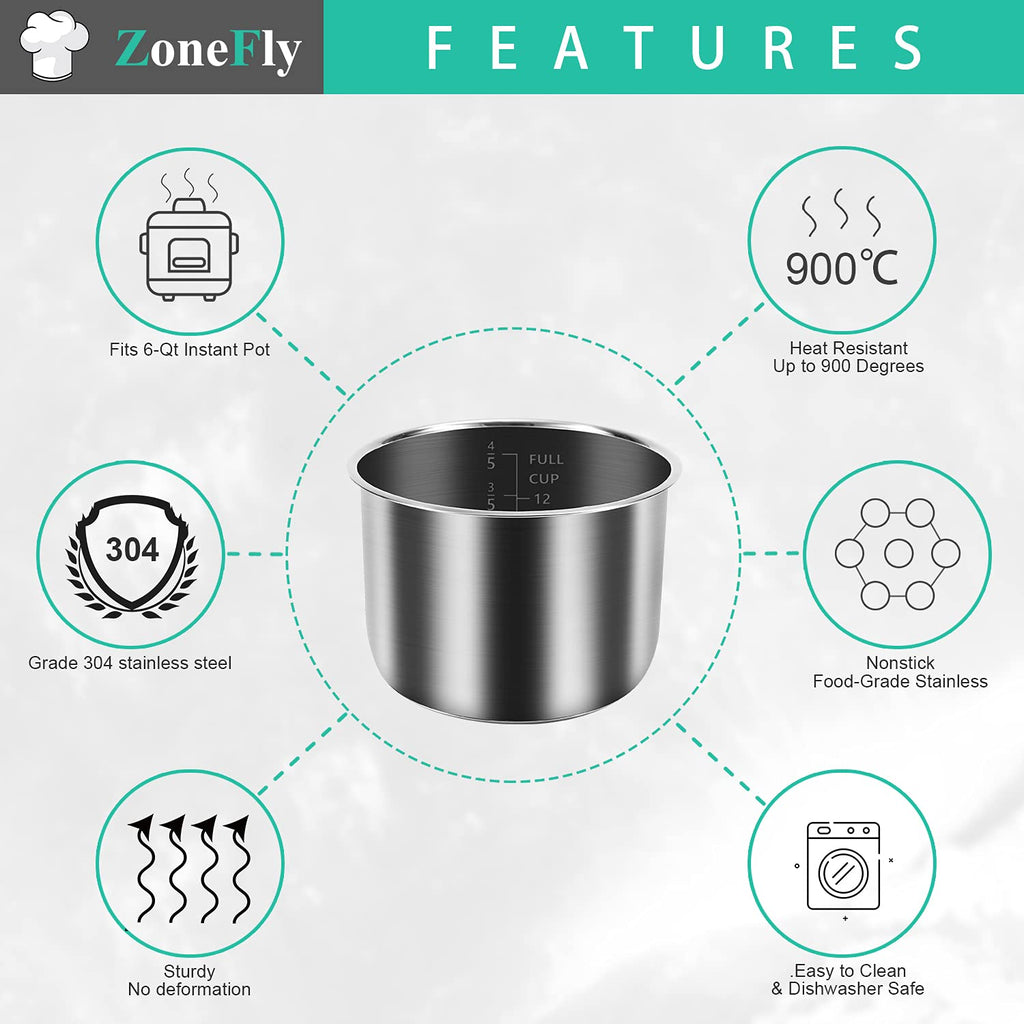 Zonefly for Instant Pot 3 Qt Inner Pot Replacement insert, Stainless Steel Cooking Pot Liner with Polished Surface & Easy to Clean - 3Quart Instapot Rice Cooker Accessories, Includes 2pcs Seal Rings