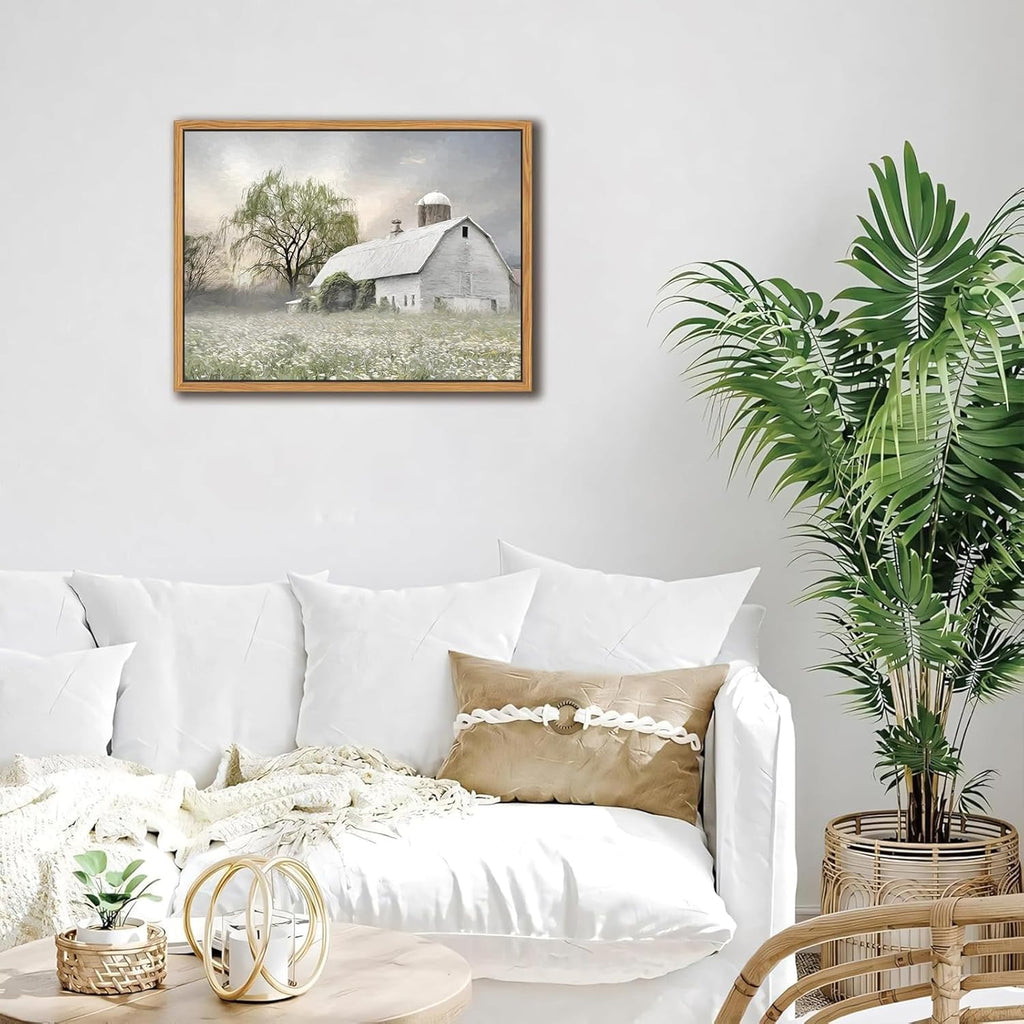Skiennix Rustic Farmhouse Canvas Wall Art - White Barn Wildflower Landscape Painting | 16x12 in for Bedroom & Living Room Decor