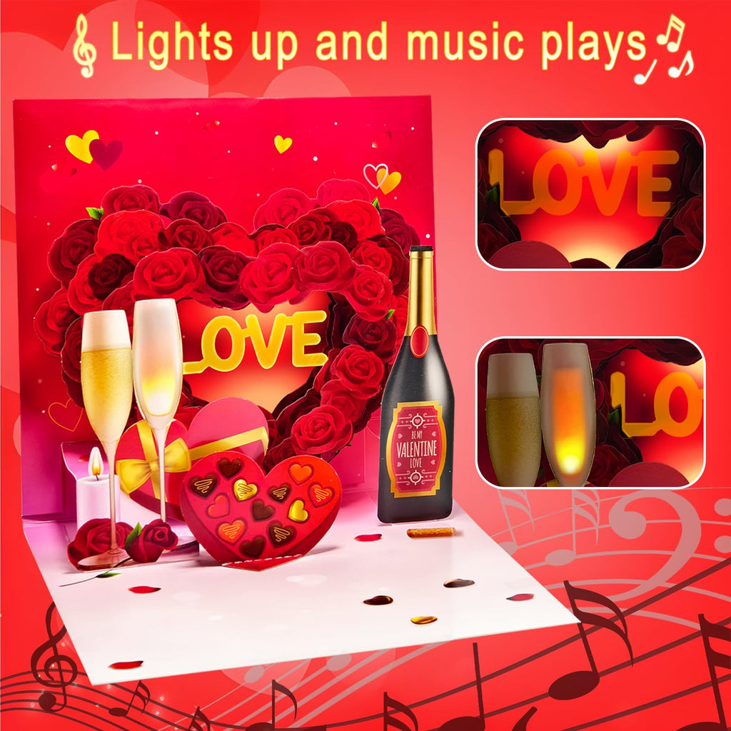 DTESL Valentine's Day Cards, Anniversary Card Pop Up Card,Champagne LED light & Music, Valentine card for women and men, music playing Valentine- accompaniment, impresses lovers