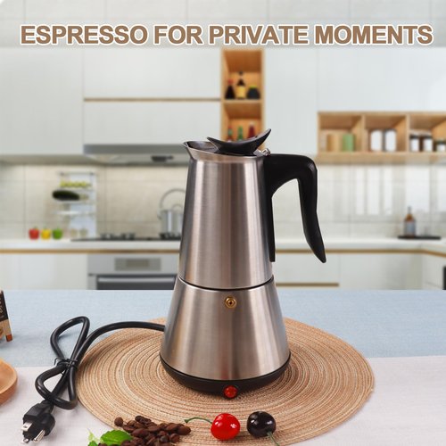 Stainless Steel Electric Moka Pot 6 Cup 300ml Express Coffee Maker Stovetop Espresso Portable Coffeemaker Italian Classic Brewing Greca Cafe Mocha with Removable Base and Overheating Protection 10oz