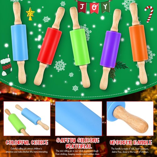 20 Pcs Small Rolling Pin Kids 9 Inch Mini Rolling Pin Silicone Wooden Cooking Pins Baking 5 Colors Non Stick Kids with Wooden Handle for Kitchen Dough Cookie Pastry Fondant Cake