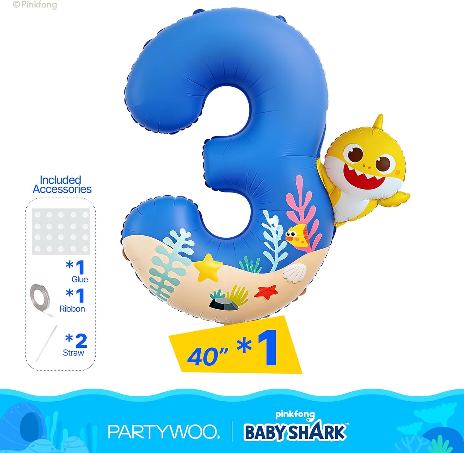 Baby Shark | PartyWoo 40-Inch Blue Foil Number 3 Balloon - Mylar Helium Birthday Decoration for Kids