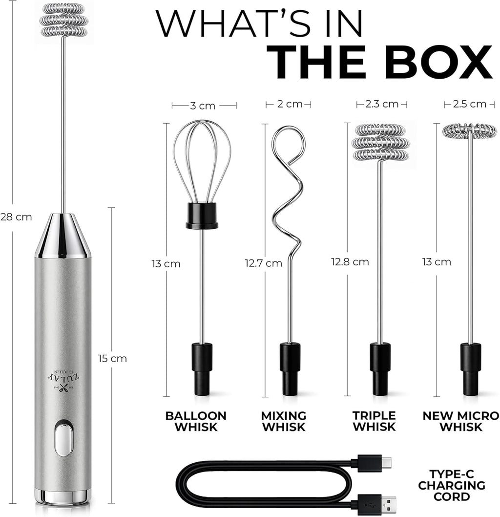 Zulay Kitchen Rechargeable Milk Frother - Handheld Electric Drink Mixer with 3 Whisk Attachments | USB-C Charging, Lasts Up to 6 Months