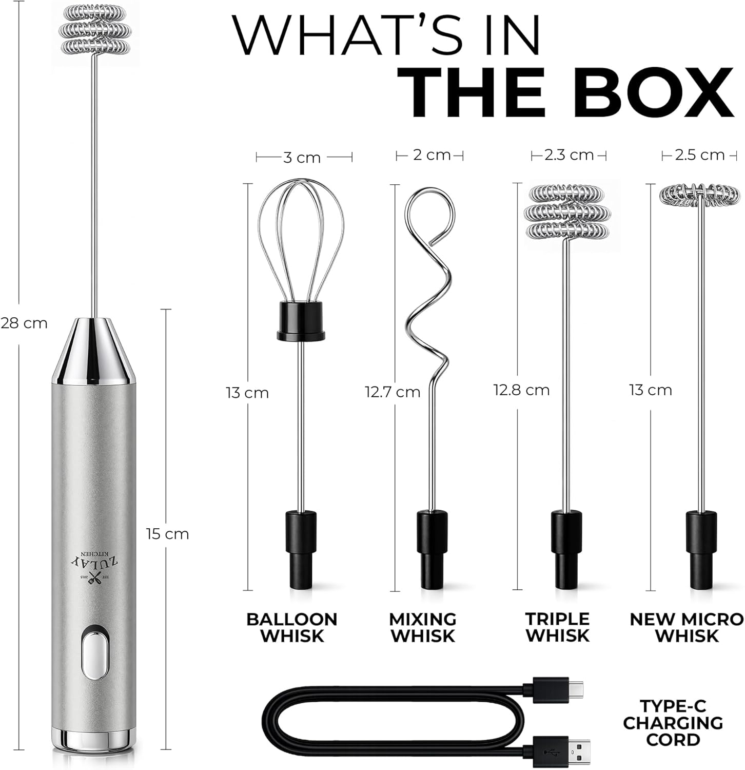 Zulay Kitchen Rechargeable Milk Frother - Handheld Electric Drink Mixer with 3 Whisk Attachments | USB-C Charging, Lasts Up to 6 Months
