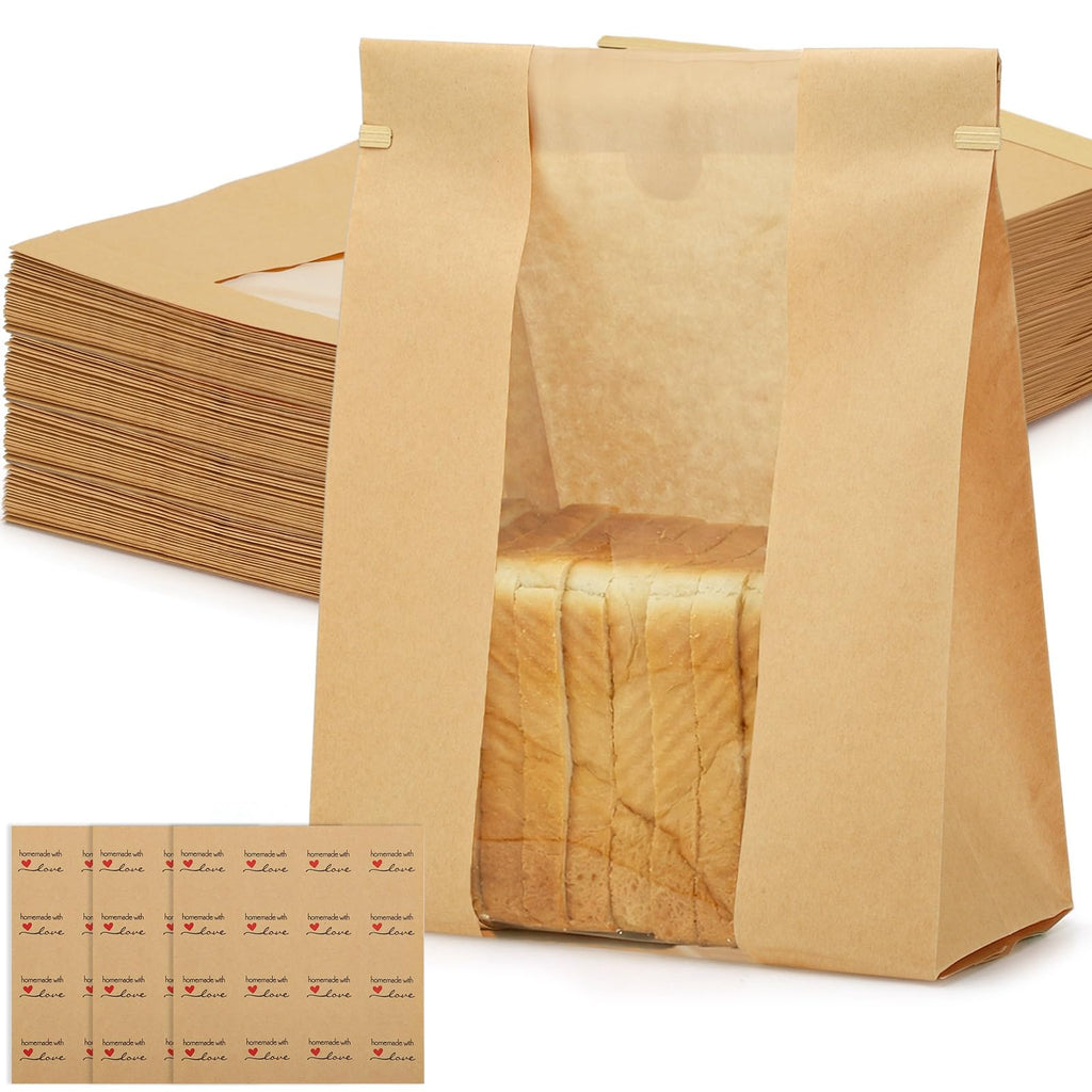 130 Pcs Paper Bread Bags with Window, 16x10.2x5in Sourdough Bread Bags for Homemade Bread, Large Bakery Bag with 160 Stickers for Easter Baked Storage