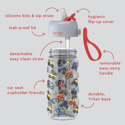 Bentgo Kids Water Bottle - Leak-Proof, Durable Tritan, BPA-Free 15 oz. Cup for Kids/Toddlers Ages 3+, Bite & Sip Spout, Carrying Handle, & Dishwasher Safe for School, Sports, Daycare & Camp (Trucks)