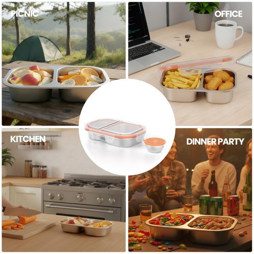 CODIEKEY Snackle Box Container,Dishwasher,Reusable Snack Containers With Lids,2 Compartment Stainless Steel Snack Containers,Fruits, Snacks,Nuts,Salad,travel,800ML,White&Orange,1 Pack