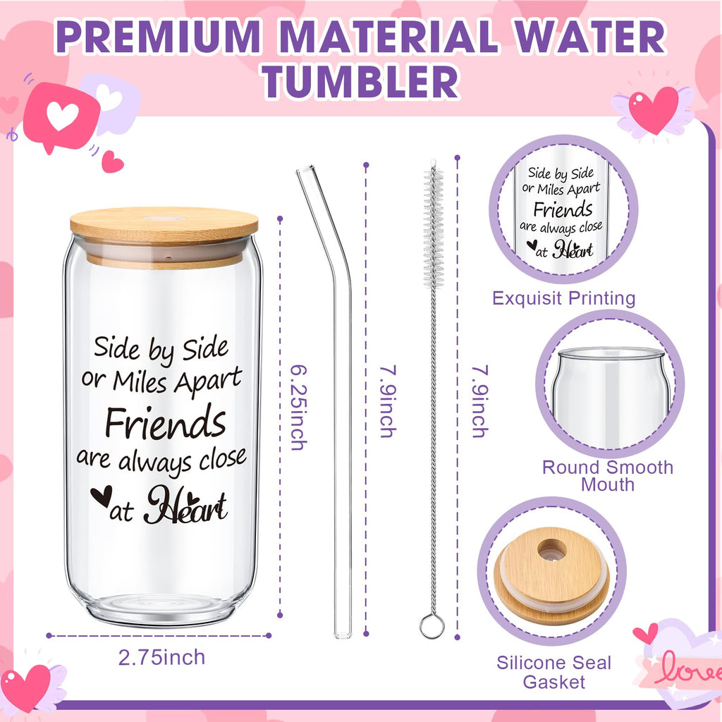 LemonRoad 4 Pack Valentines Galentines Day Friendship Gifts for Women 16 oz Glass Cup with Lid, Straw Brush, Heart Crochet and Keychain with Organza Bag Birthday Gift for Soul BFF Sister Bestie