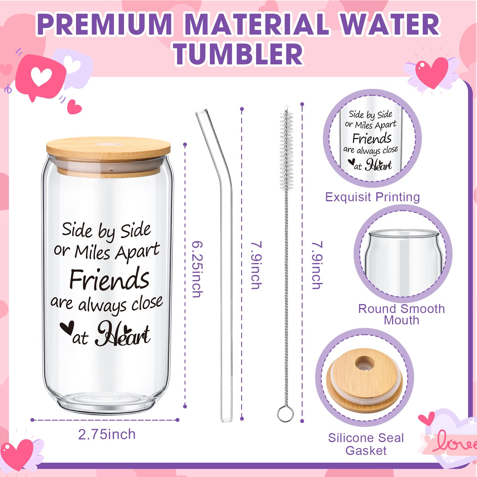 LemonRoad 4 Pack Valentines Galentines Day Friendship Gifts for Women 16 oz Glass Cup with Lid, Straw Brush, Heart Crochet and Keychain with Organza Bag Birthday Gift for Soul BFF Sister Bestie