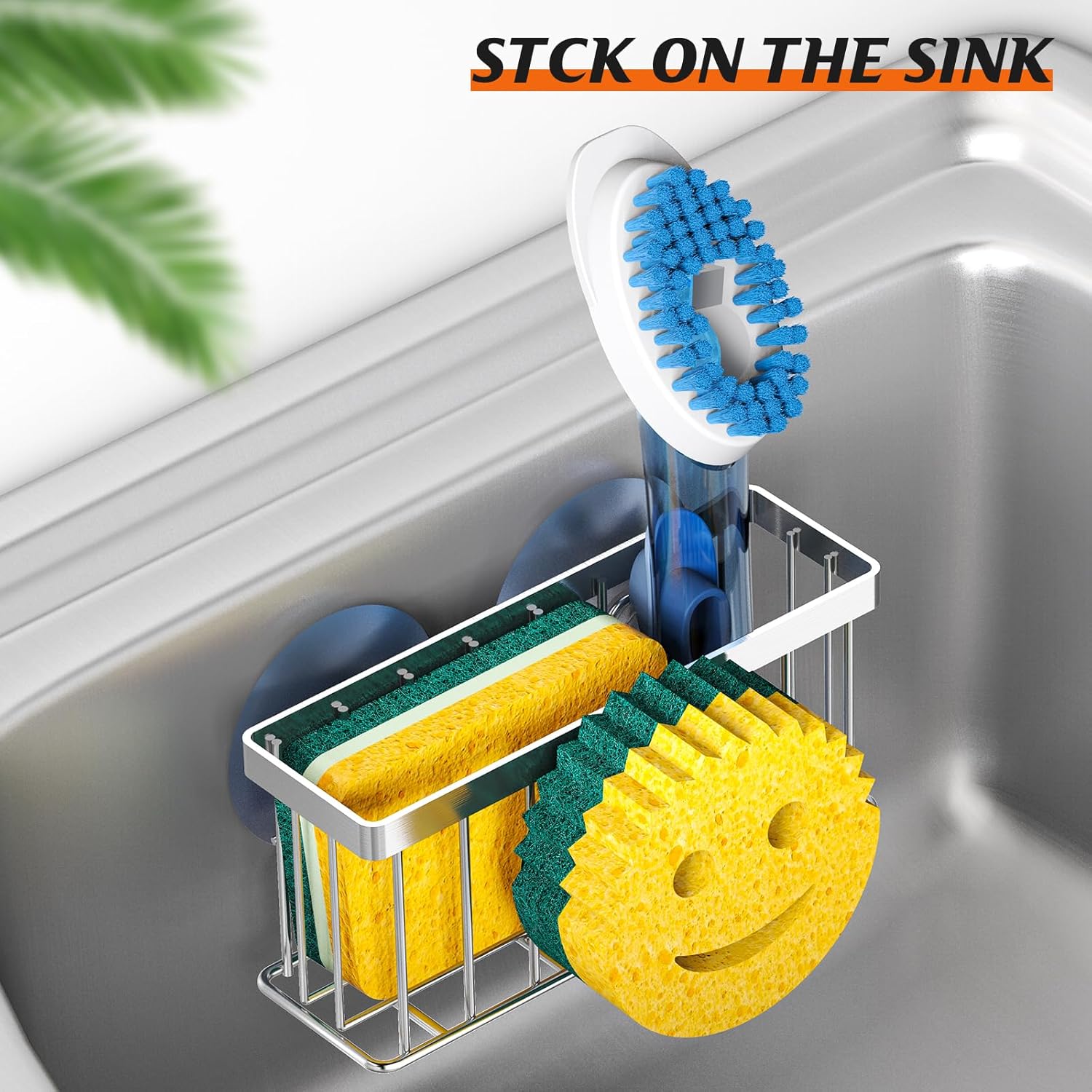 MURLONG Sponge Holder - Smiley Face Sink Caddy with 2 Suction Cups & Adhesive Strips | Silver