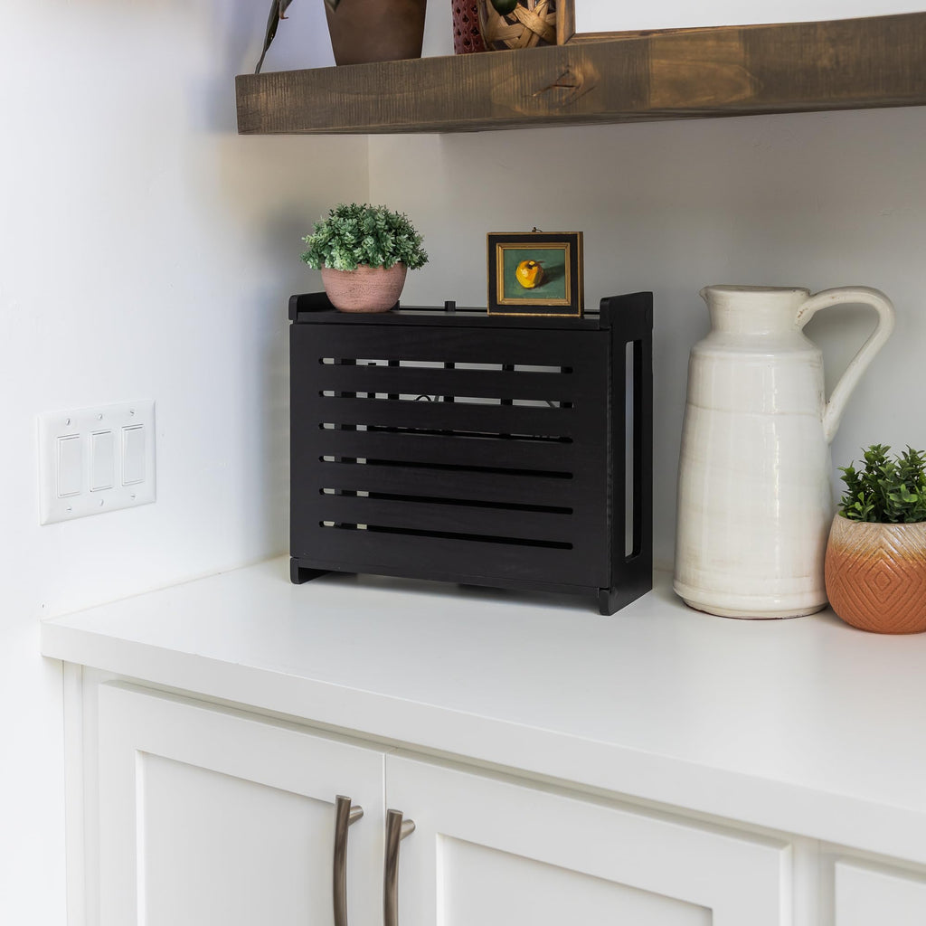 Wooden WiFi Router Storage Box - Standard Wall Mountable Decorative Modem Shelf Hider Cover with Cable Management System - Rustic Home Organization Solution for Most Routers Up to 11" Tall - Black