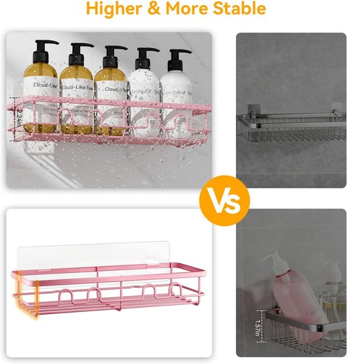 Adhesive Shower Caddy | Large Capacity No-Drill Bathroom Organizer - 2 Pack Pink Shelves for Home Decor