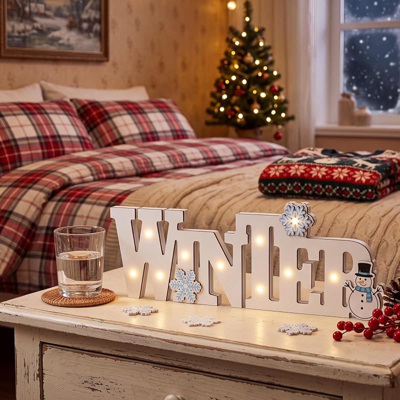 Wooden Winter Sign Lighted Tabletop Decor - White LED Centerpiece (White+Winter)