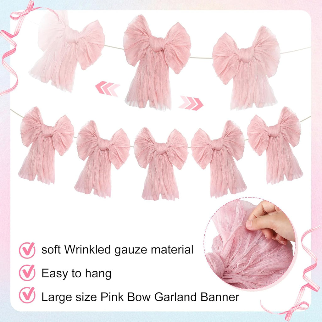 VitalCozy Pink Bow Garland Banner - Elegant Hanging Decorations for Birthday & Baby Showers