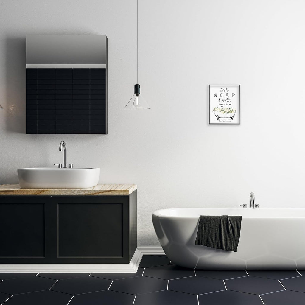 Stupell Industries Framed Giclee Art - Fresh Soap & Water Bath Tub | Black, 11 x 14 Inches, Easy to Hang