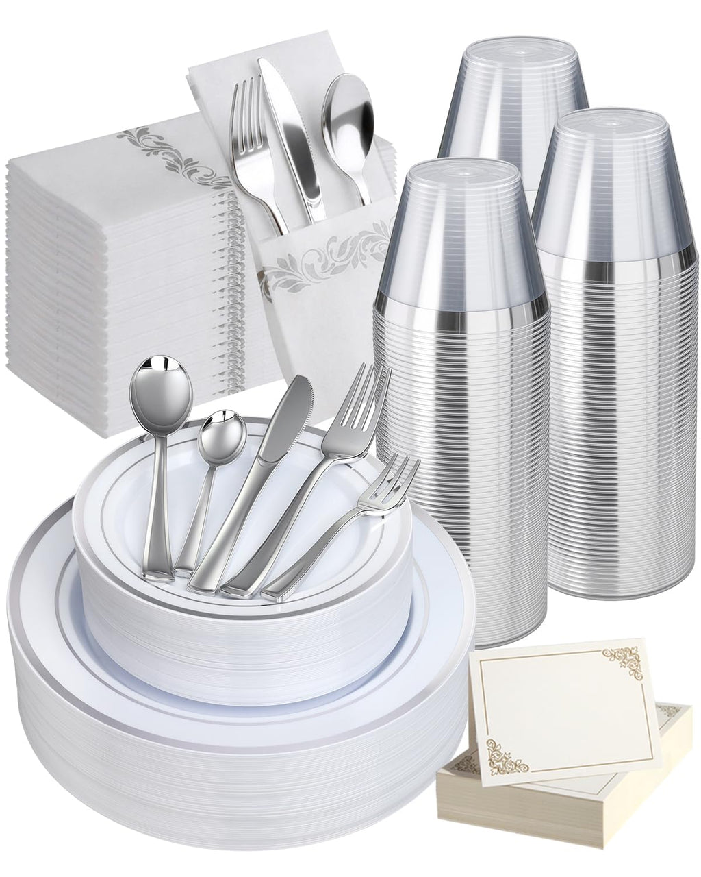 Goodluck 400PCS Elegant Silver Disposable Plastic Dinnerware Set for 40 Guests, Include: 80 Plates, 40 Place Cards, 40 Cups, 80 Spoons, 80 Forks, 40 Knives, 40 Napkins for Weddings/Parties/Graduation
